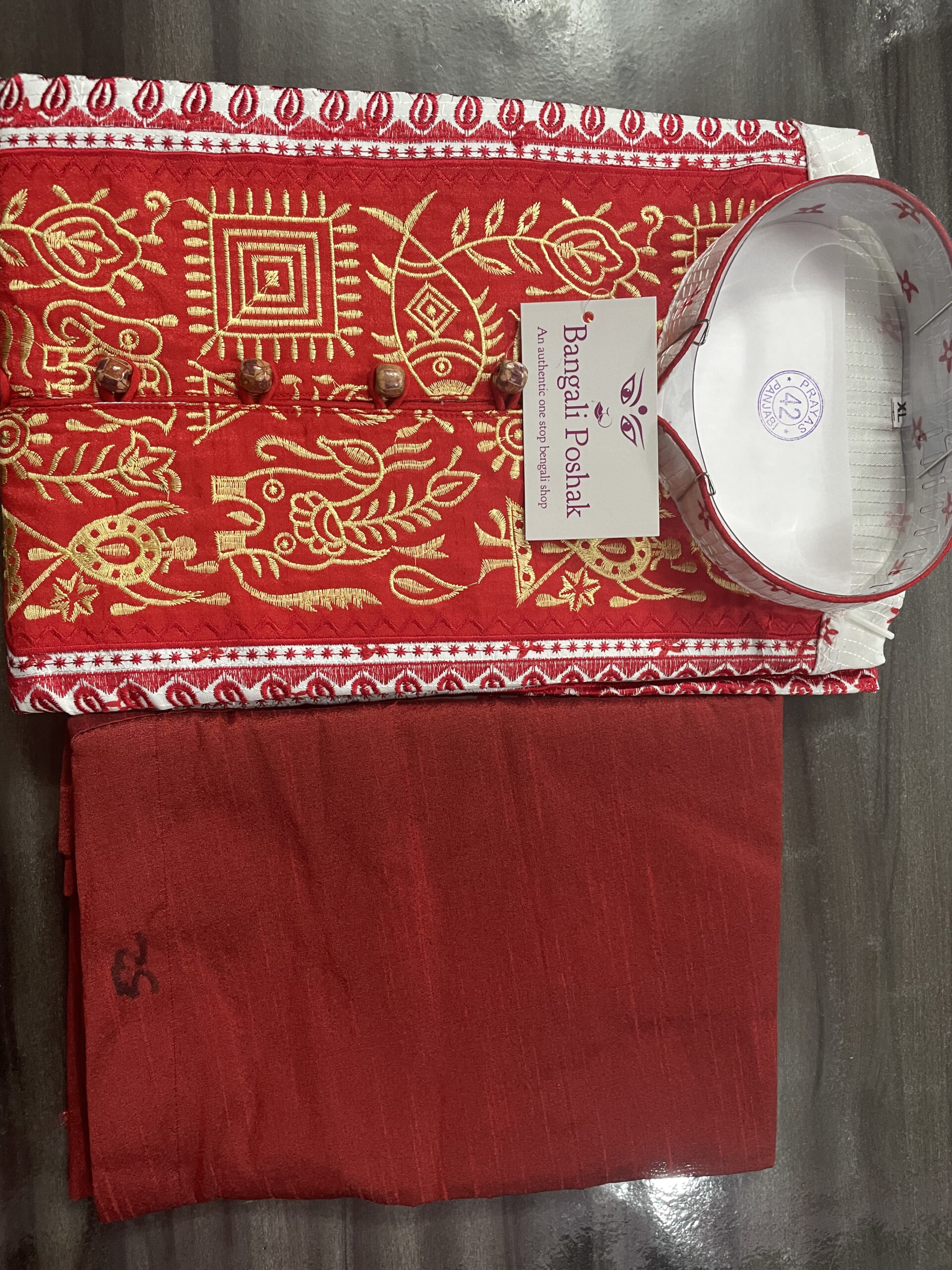 Red and White Kurta Pajama Set