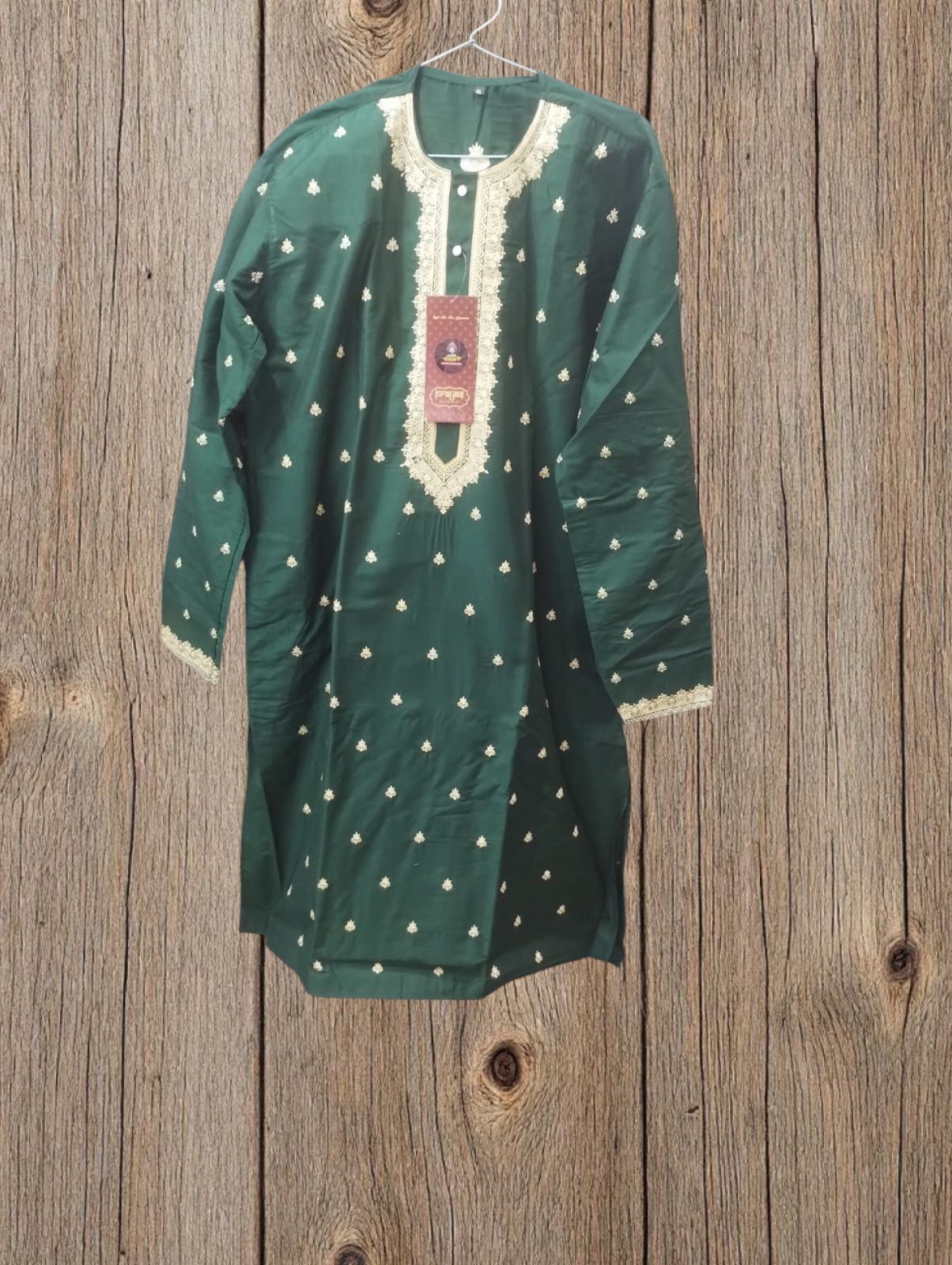 DARK GREEN GENTS PANJABI WITH GOLDEN BOOTY WORK