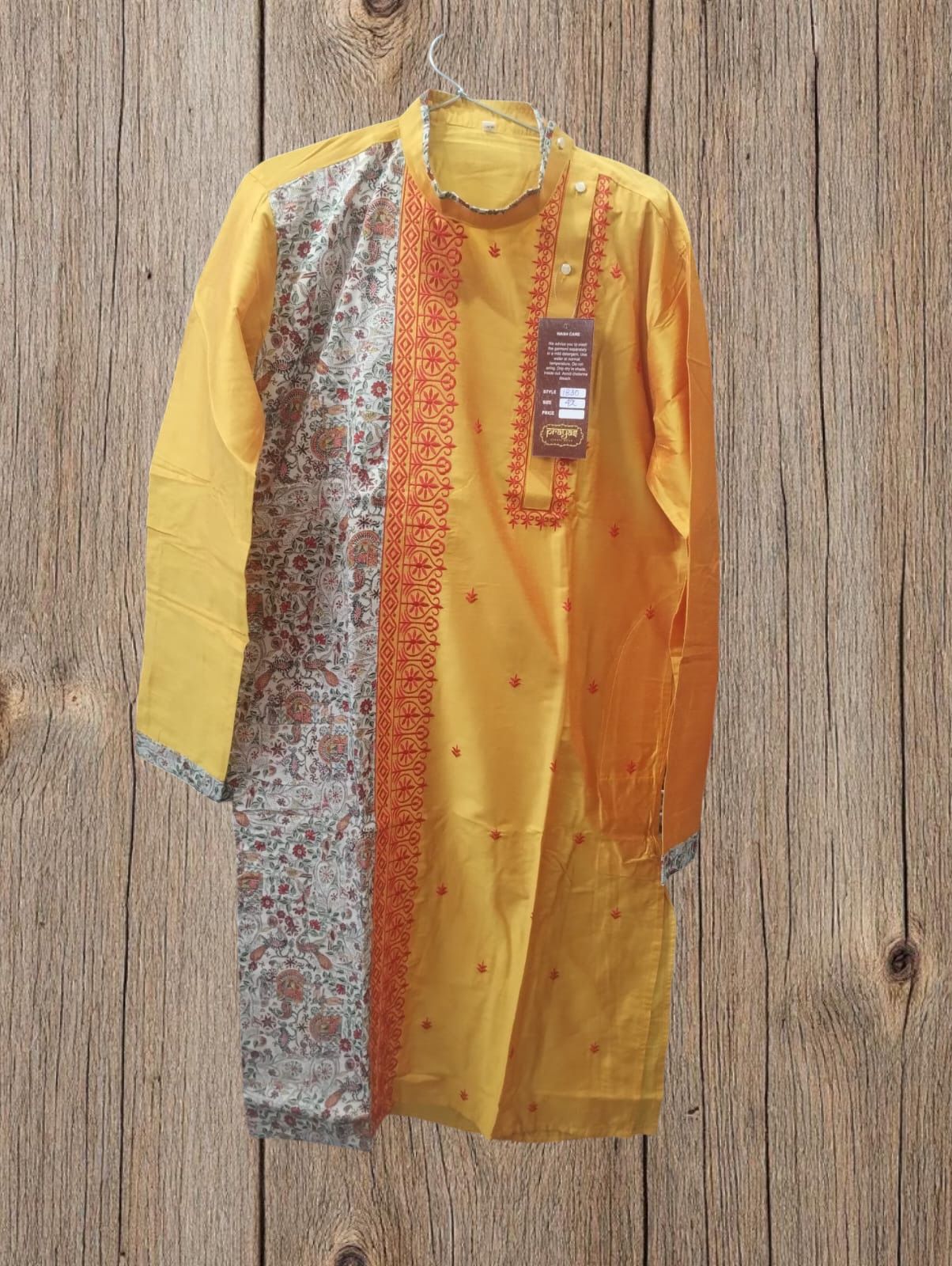 YELLOW GENTS KURTA WITH RED EMBROIDERED WORK