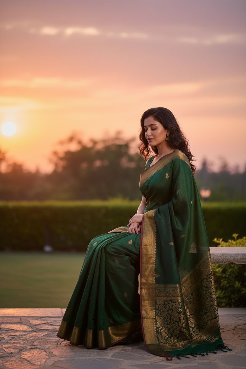 Dark Green Color handloom Saree and with Booty work in Golden Color