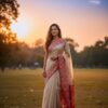 Cream Color Saree with Booty work in Red