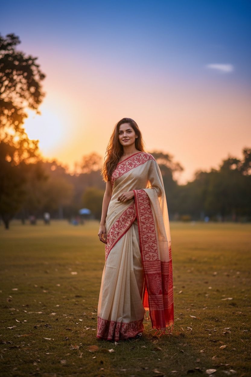 Cream Color Saree with Booty work in Red
